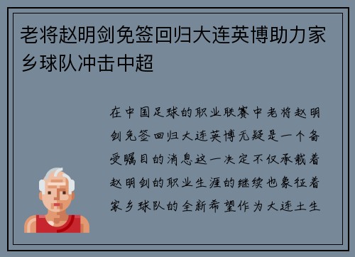 老将赵明剑免签回归大连英博助力家乡球队冲击中超